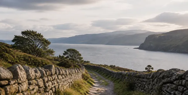 Stone-walled path overlooking a quiet Scottish sea loch