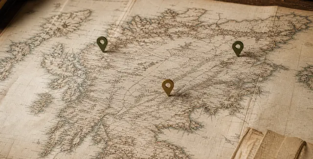 Antique map of Scotland marked with three ancestral places