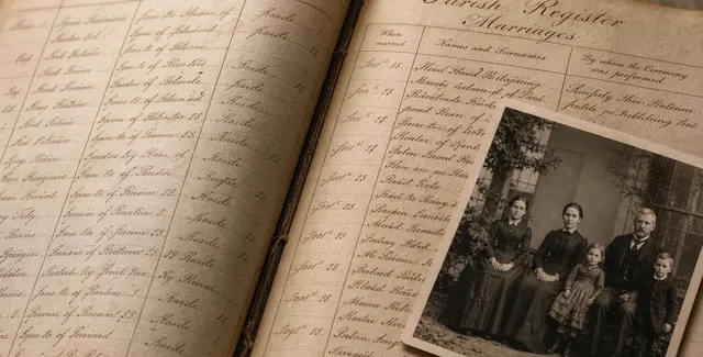Open parish register with an old family photograph